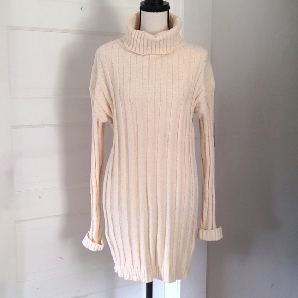 Ivory Sweater Dress Long Sleeve Polyester Turtleneck - Picture 1 of 4